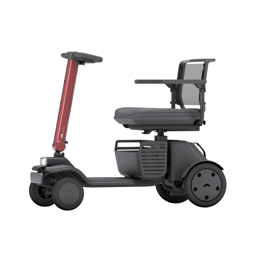 The Whill Model R 4 Wheel Portable Scooter features a modern, compact design with a red handlebar, black mesh backrest, and gray cushioned seat, offering convenient personal transportation and stylish accessibility.