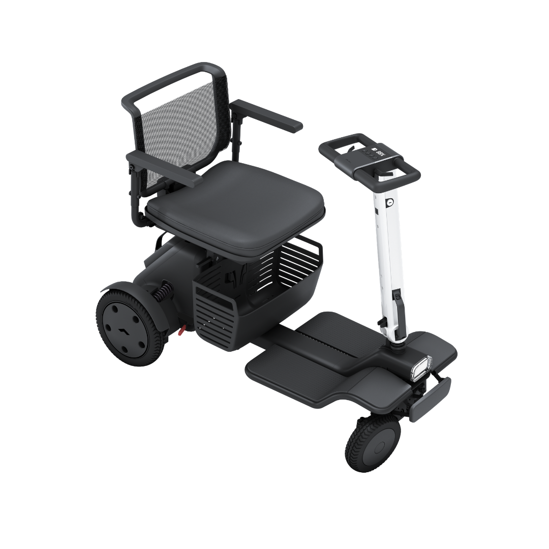 The Whill Model R 4 Wheel Portable Scooter is a compact, black and gray mobility scooter featuring a mesh backrest, armrests, an under-seat basket, and a tall handlebar for steering.