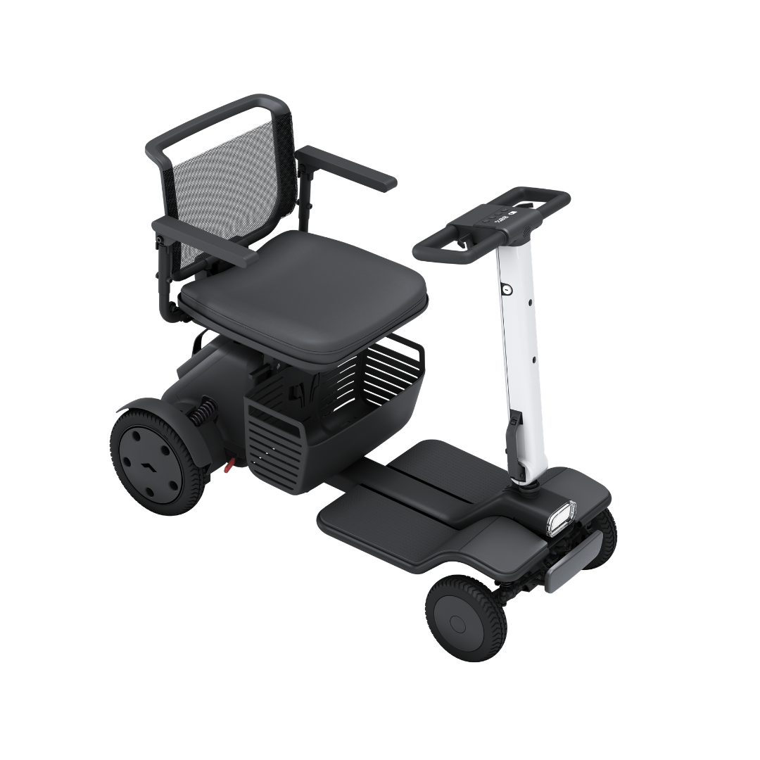 The Whill Model R is a modern, black and white 4-wheel portable scooter with a mesh backrest, armrests, flat foot platform, under-seat storage basket, and simple handlebar for easy control in a sleek design.