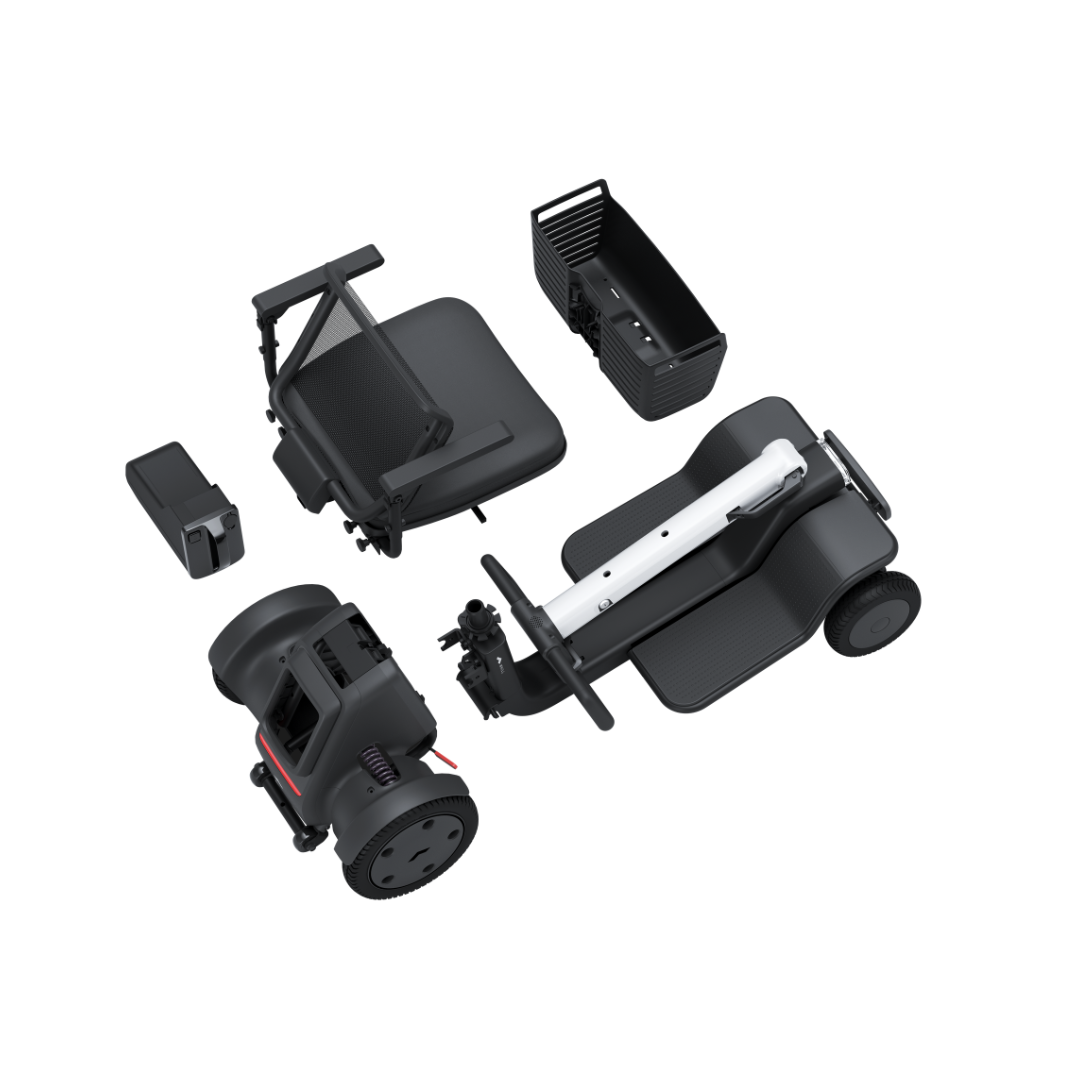The Whill Model R 4 Wheel Portable Scooter, shown disassembled into seat, basket, battery, rear wheel section, and front wheel section, is displayed on a white background.