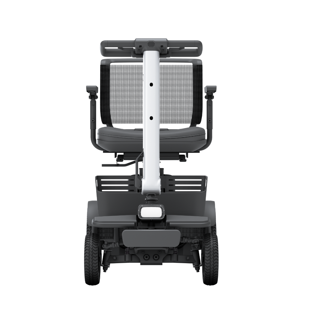 Front view of the Whill Model R 4 Wheel Portable Scooter, a compact, modern mobility scooter with a mesh backrest and wide armrests, designed for personal transportation and accessibility.