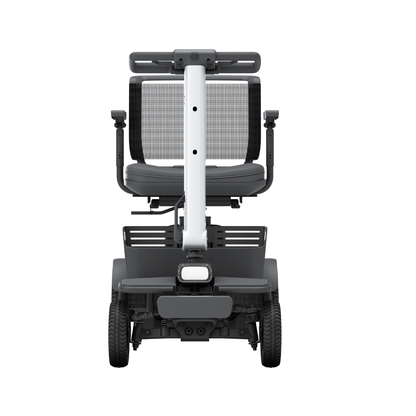 Front view of the Whill Model R 4 Wheel Portable Scooter, a compact, modern mobility scooter with a mesh backrest and wide armrests, designed for personal transportation and accessibility.