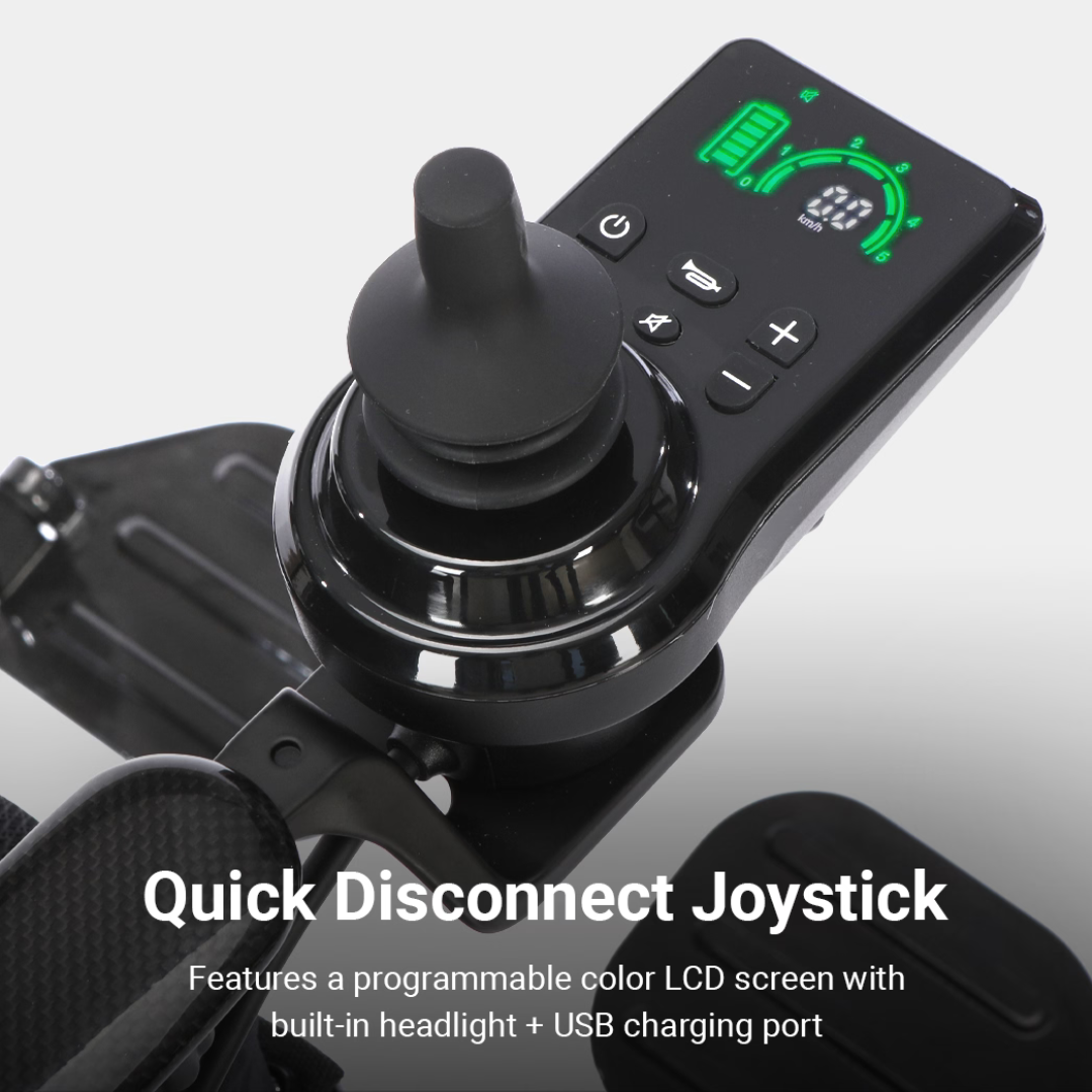 Close-up of a joystick controller with a digital LCD screen displaying icons and a green battery gauge; text reads “Quick Disconnect Joystick” with features listed below, highlighting the intuitive controls featured on the Whill MODO Breeze Ultra-Lightweight CF Folding Electric Wheelchair.