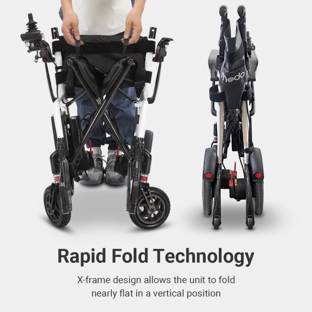 Two electric wheelchairs are shown folded upright. One, the Whill MODO Breeze Ultra-Lightweight CF Folding Electric Wheelchair, is viewed from the back, highlighting its compact X-frame. The other ultra-lightweight powerchair is viewed from the front. Text reads: Rapid Fold Technology. X-frame design allows this folding electric wheelchair to fold nearly flat.