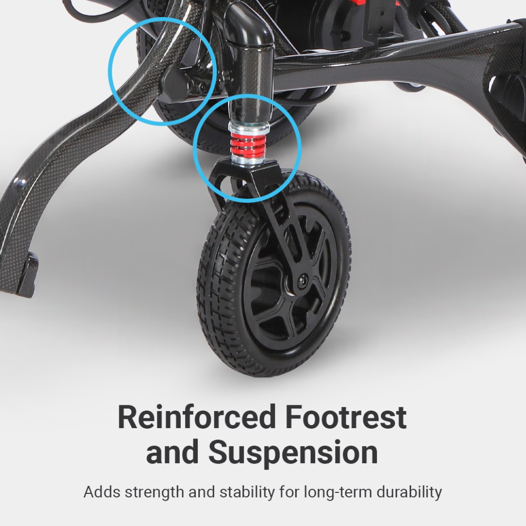 Close-up of a black wheelchair footrest and front wheel with suspension on the Whill MODO Breeze Ultra-Lightweight CF Folding Electric Wheelchair. Blue circles highlight the reinforced footrest and suspension. Text below reads: Reinforced Footrest and Suspension. Adds strength and stability for long-term durability in this foldable powerchair.