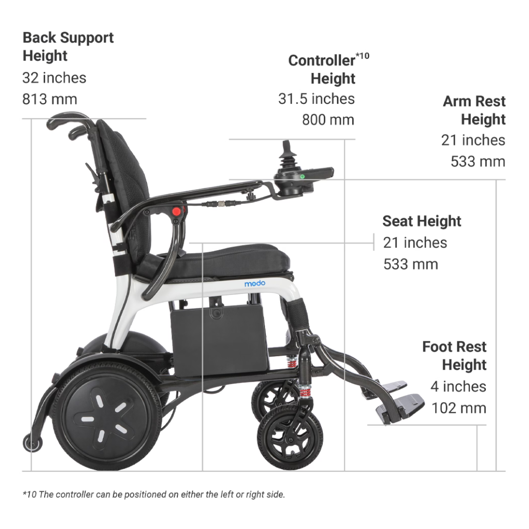 Side view of a black and white Whill MODO Breeze Ultra-Lightweight CF Folding Electric Wheelchair, featuring labeled height measurements for back support, controller, armrest, seat, and footrest. The folding electric wheelchair’s controller can be positioned on either side.
