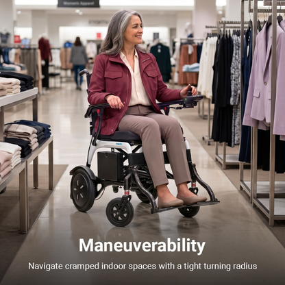 A woman in a Whill MODO Breeze Ultra-Lightweight CF Folding Electric Wheelchair moves effortlessly between clothing racks in a store. Text reads: Maneuverability. Navigate cramped indoor spaces with ease thanks to the tight turning radius.