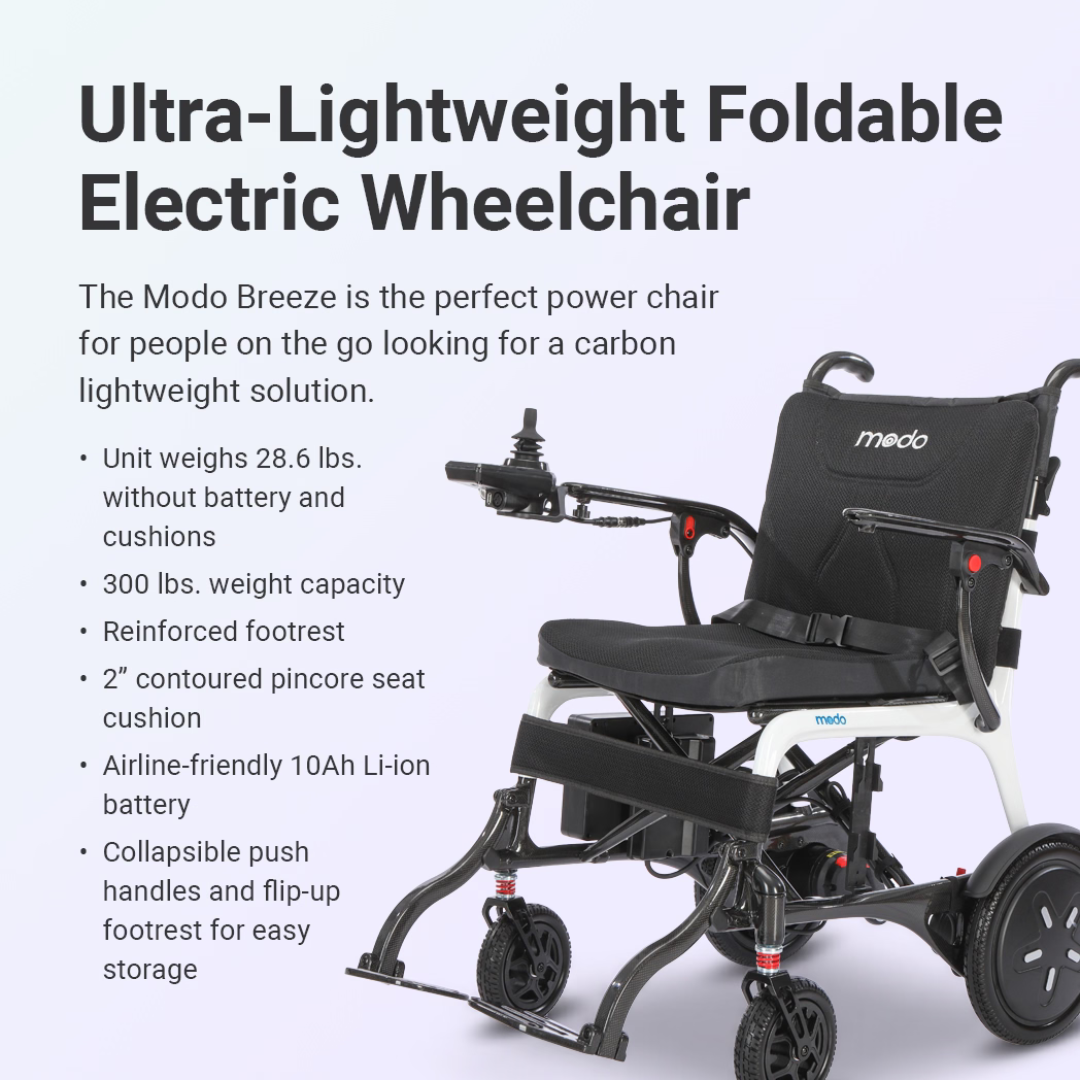 Introducing the Whill MODO Breeze Ultra-Lightweight CF Folding Electric Wheelchair—a black, ultra-lightweight powerchair weighing just 28.6 lbs and supporting up to 300 lbs. This foldable electric wheelchair features a convenient armrest joystick, removable battery, flip-up footrest, collapsible handles, and is fully compatible with air travel.