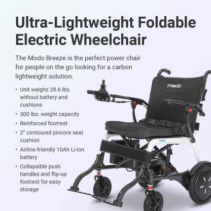 Introducing the Whill MODO Breeze Ultra-Lightweight CF Folding Electric Wheelchair—a black, ultra-lightweight powerchair weighing just 28.6 lbs and supporting up to 300 lbs. This foldable electric wheelchair features a convenient armrest joystick, removable battery, flip-up footrest, collapsible handles, and is fully compatible with air travel.