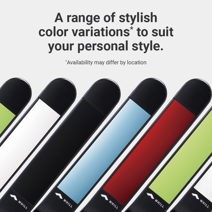 Six Whill Model F Lightweight Portable Electric Wheelchairs are shown in green, white, black, blue, red, and yellow. The text above highlights the stylish color selection and invites users to view specs and warranty info.