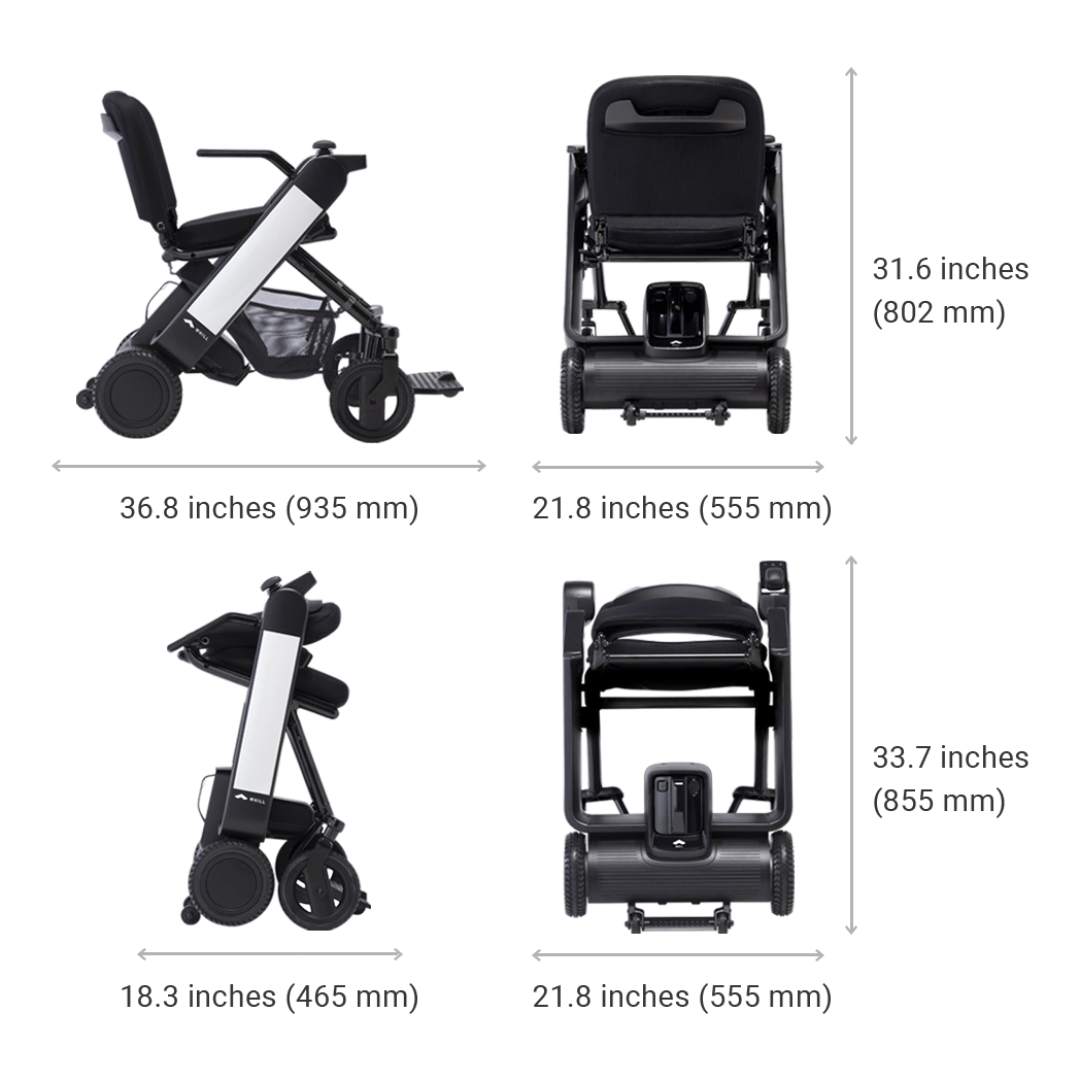 Whill Model F Lightweight Portable Electric Wheelchair shown from side and front views. Unfolded: 36.8"x21.8"x31.6"; folded: 18.3"x21.8"x33.7". See Specifications or Downloads for more details and Warranty info.