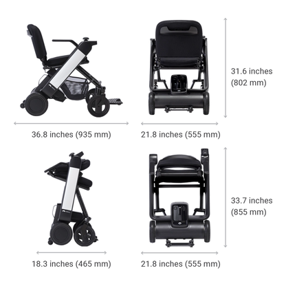 Whill Model F Lightweight Portable Electric Wheelchair shown from side and front views. Unfolded: 36.8"x21.8"x31.6"; folded: 18.3"x21.8"x33.7". See Specifications or Downloads for more details and Warranty info.