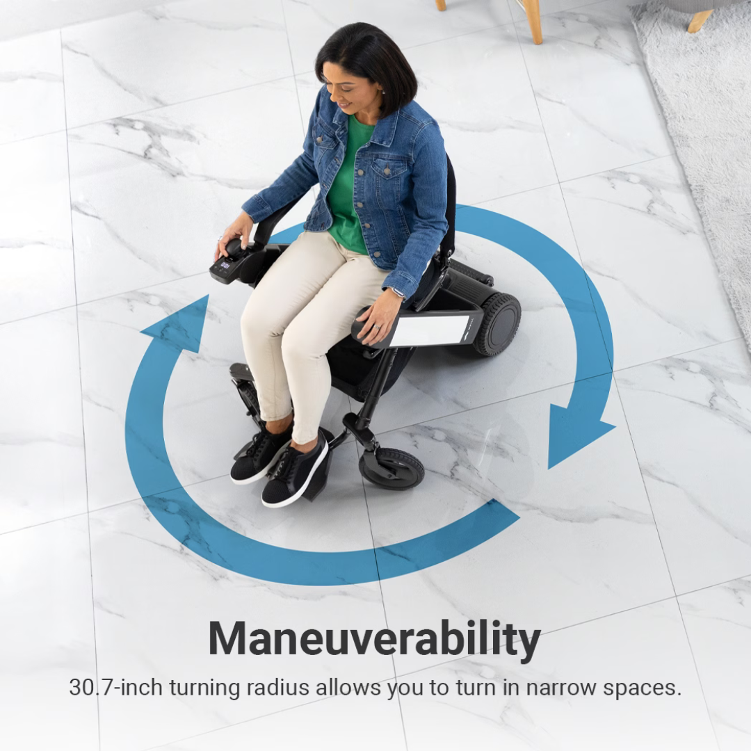 A woman uses the Whill Model F Lightweight Portable Electric Wheelchair, turning in place on white tiles. Blue arrows form a circle, showing its 30.7-inch turning radius. Text: Maneuverability—see Specifications for details.