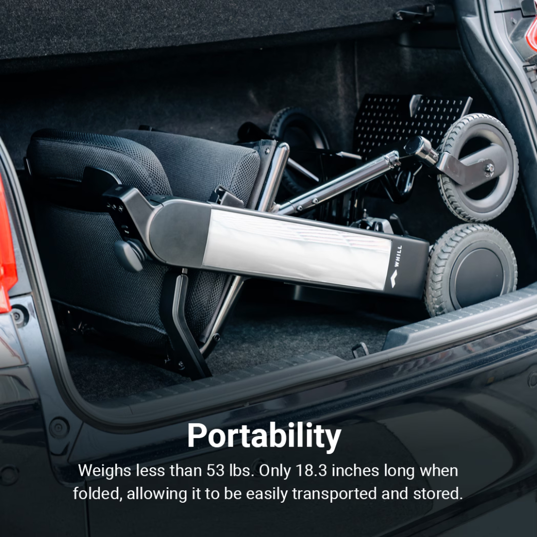 A Whill Model F Lightweight Portable Electric Wheelchair fits in a car trunk. Text: “Portability – Weighs under 53 lbs. Folds to just 18.3'' long for easy transport and storage. See specifications for details.”.