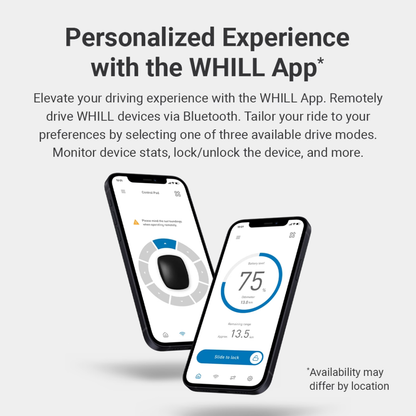 Two smartphones show the WHILL App for the Whill Model F Lightweight Portable Electric Wheelchair, featuring drive mode settings, speed stats, specs, remote driving, device monitoring, videos, downloads, and an availability disclaimer.