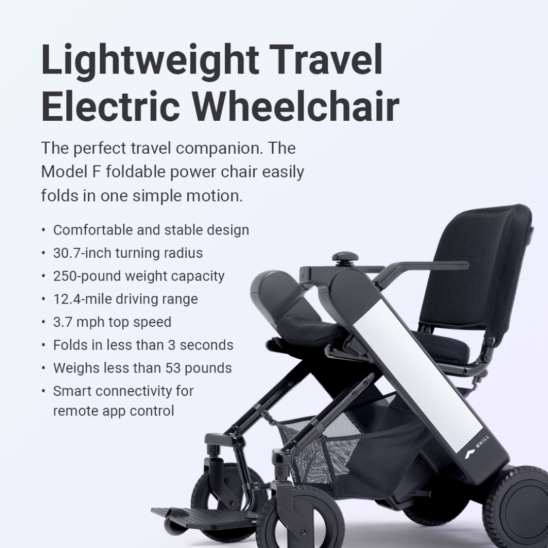 The Whill Model F Lightweight Portable Electric Wheelchair is shown on a light background, highlighting its 250-lb capacity, 12.4-mile range, quick folding, smart app connectivity, warranty details, and sleek, lightweight design.