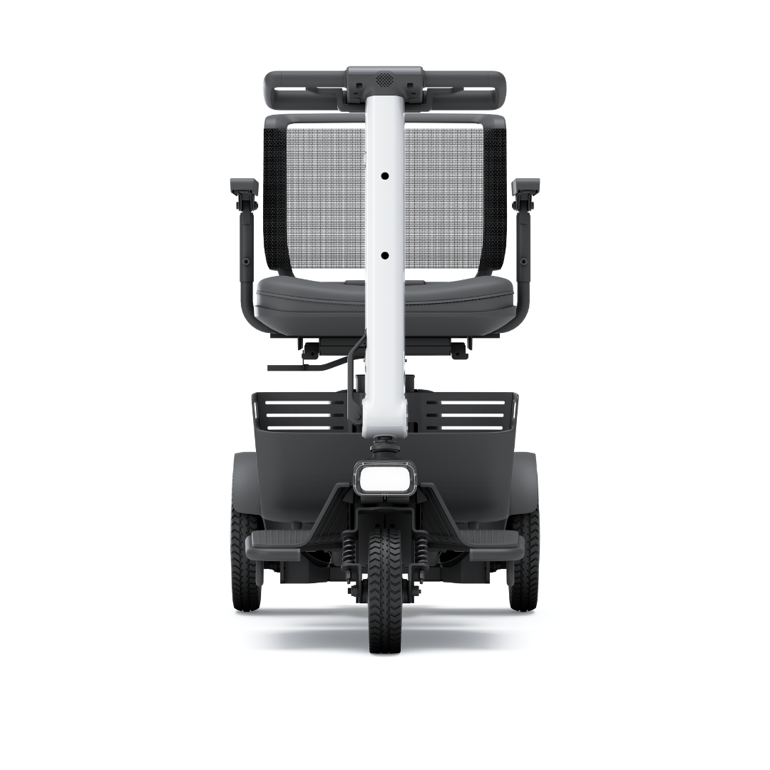 Front view of the Whill Model R 3-Wheel Mobility Scooter, featuring a black seat, mesh backrest, handlebars, and three wheels, shown on a white background.