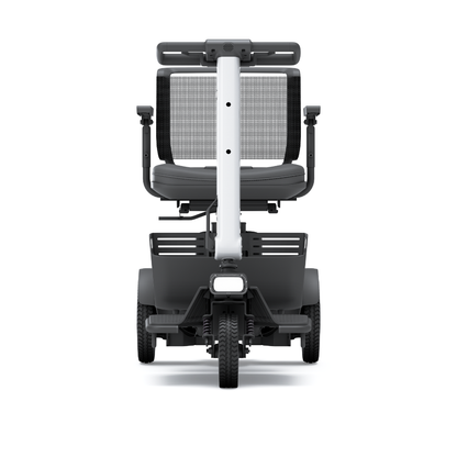 Front view of the Whill Model R 3-Wheel Mobility Scooter, featuring a black seat, mesh backrest, handlebars, and three wheels, shown on a white background.
