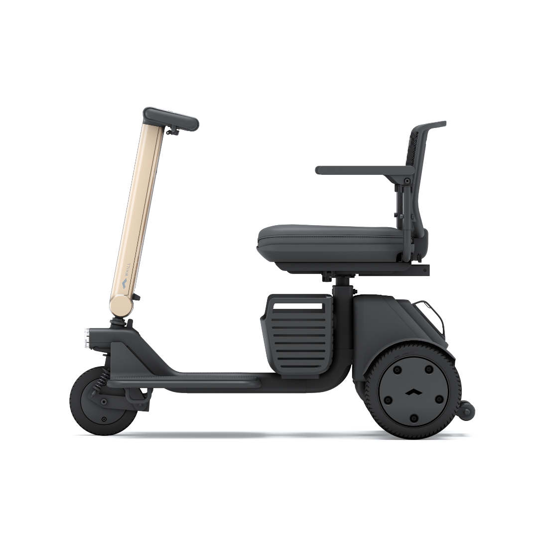 The Whill Model R 3-Wheel Mobility Scooter is compact and modern, featuring a black seat, armrests, and a light-colored vertical handlebar. It is shown from the side against a white background.