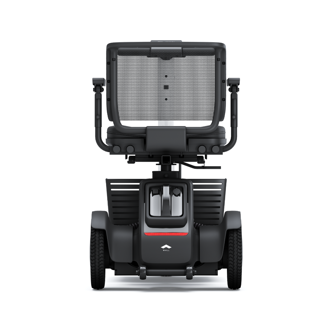 Rear view of the Whill Model R 3-Wheel Mobility Scooter shows its sleek black design with a mesh backrest and two large wheels, offering a modern, ergonomic look—perfect for those seeking style and comfort in mobility solutions.