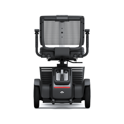 Rear view of the Whill Model R 3-Wheel Mobility Scooter shows its sleek black design with a mesh backrest and two large wheels, offering a modern, ergonomic look—perfect for those seeking style and comfort in mobility solutions.