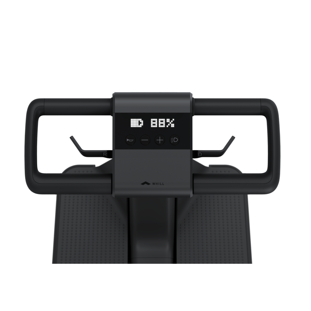 A close-up of the Whill Model R 3-Wheel Mobility Scooter’s black control panel with handlebars, featuring an LED display showing the battery at 80%. The user-friendly panel includes buttons and indicator lights for easy status monitoring.