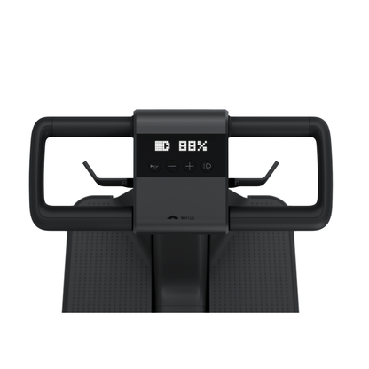 A close-up of the Whill Model R 3-Wheel Mobility Scooter’s black control panel with handlebars, featuring an LED display showing the battery at 80%. The user-friendly panel includes buttons and indicator lights for easy status monitoring.