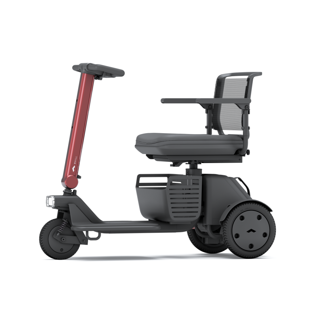 The Whill Model R 3-Wheel Mobility Scooter is modern and compact, featuring a red handlebar, black seat with armrests, and mesh backrest for convenient personal transport—but its product description only shows CSS code.