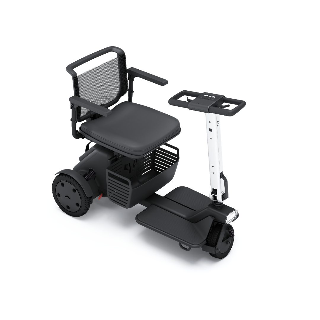 The Whill Model R 3-Wheel Mobility Scooter is a compact, modern black electric scooter featuring a mesh backrest, armrests, basket, and handlebars.