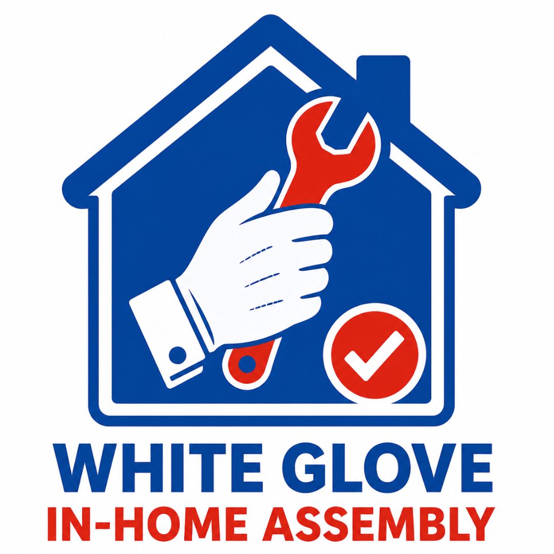A white glove holds a red wrench inside a blue house outline, accented by a red check mark. Below, the text reads: White Glove In-Home Assembly.