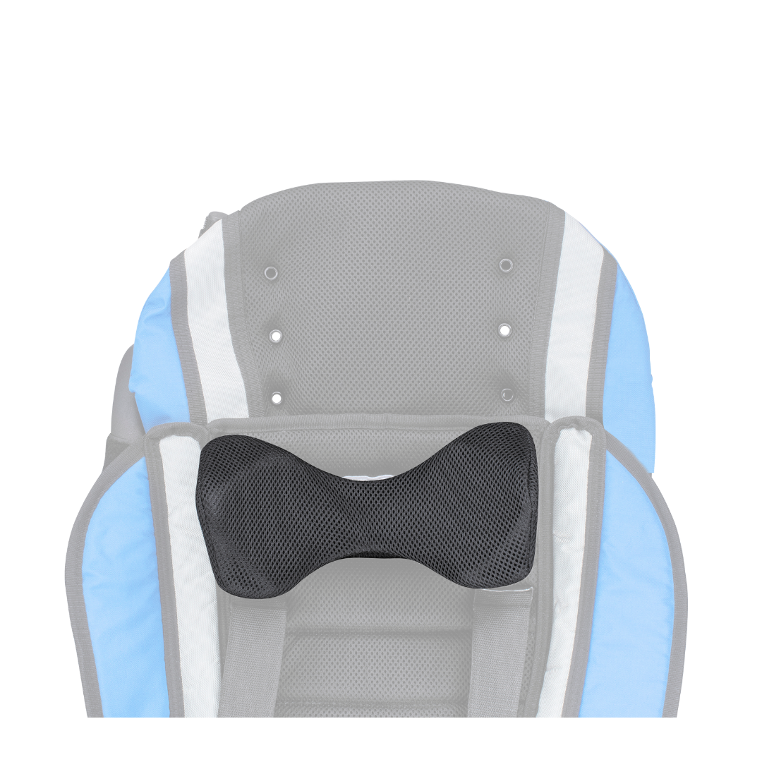 A black, contoured padded winged headrest is attached to the upper part of the gray and blue Strive Adaptive Stroller seat.