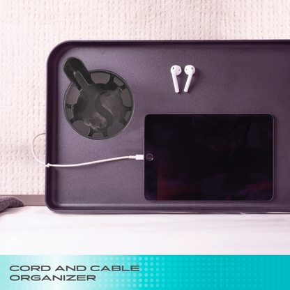 A Stander Wonder Bedside Shelf Tray holds a cord and cable organizer, wireless earbuds, and a tablet with charging cable. The space-saving tray rests on a textured white surface. Text reads, Cord and Cable Organizer.