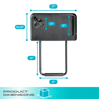 The Stander Wonder Bedside Shelf Tray is a rectangular black tray with a cup holder and slot, measuring 17" W x 10.25" D x 14" H with an 11" base—perfect for saving space and keeping essentials close by. Product Dimensions listed below.