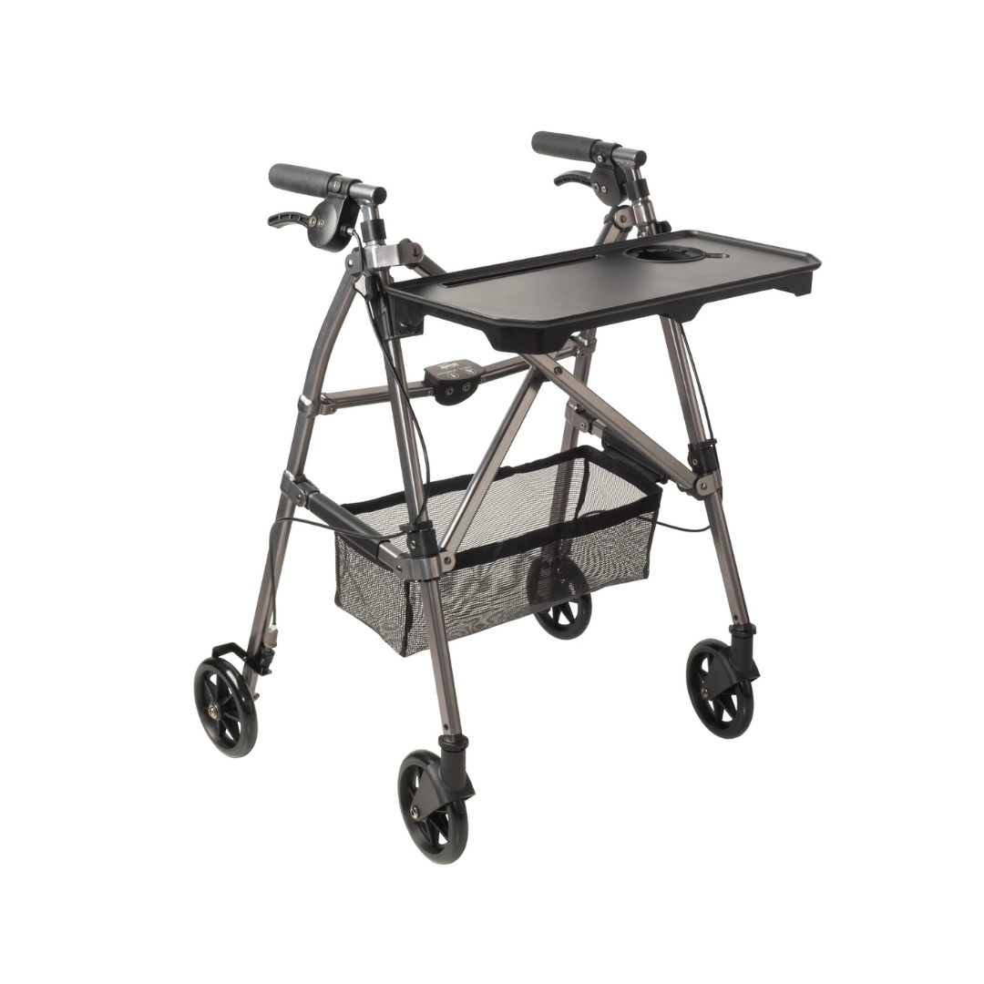 The Stander Wonder Indoor Rollator with Tray Table includes hand brakes, a black tray table with cupholder, and a mesh storage basket underneath, all displayed against a white background.