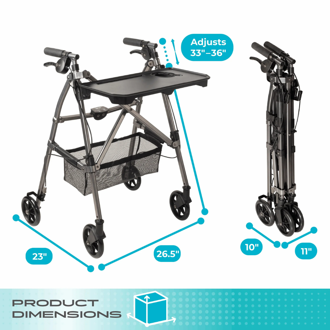 The Stander Wonder Indoor Rollator with Tray Table is a black folding walker with tray and basket. It measures 23"W x 26.5"D, folds to 10" x 11", and the handle height adjusts from 33" to 36", ideal for indoor use.