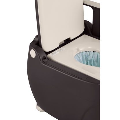 Close-up of the Wrappon® ORB - Portable Commode Toilet with Auto Waste Sealing, featuring a black and white design, open lid, and disposable liner. Specially designed for young children.