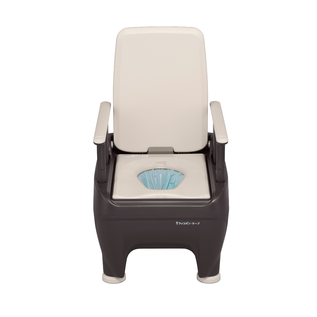 The Wrappon® ORB is a portable, adult-sized commode toilet with auto waste sealing, featuring a beige seat and backrest, dark brown base, armrests, and disposable liner—designed for use with Wrappon Thermo-Compression Sealing Toilet technology.