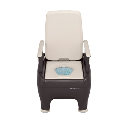 The Wrappon® ORB is a portable, adult-sized commode toilet with auto waste sealing, featuring a beige seat and backrest, dark brown base, armrests, and disposable liner—designed for use with Wrappon Thermo-Compression Sealing Toilet technology.