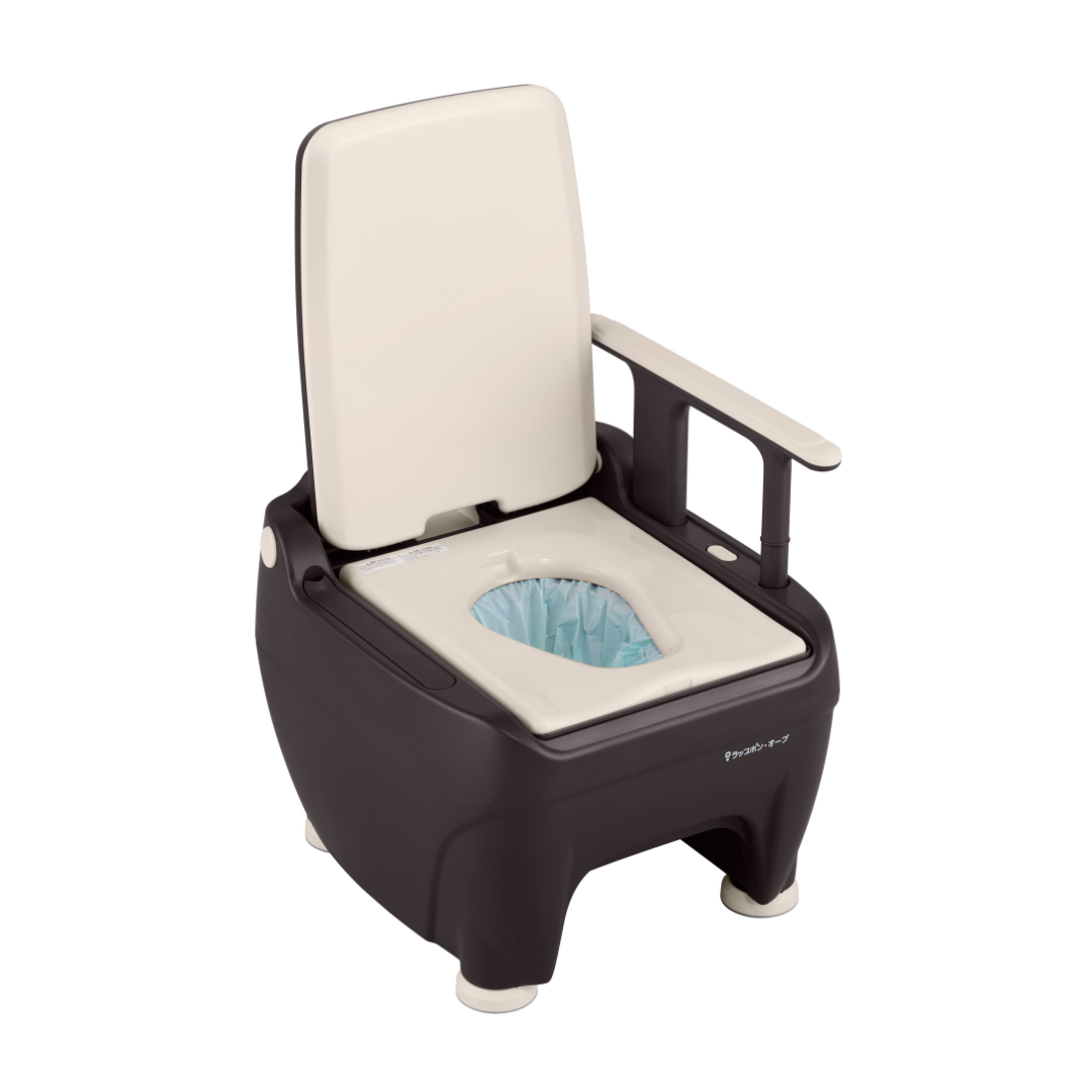 The Wrappon® ORB is a portable commode toilet with armrests, a high backrest, and an auto waste sealing liner inside the seat for enhanced mobility and accessibility.