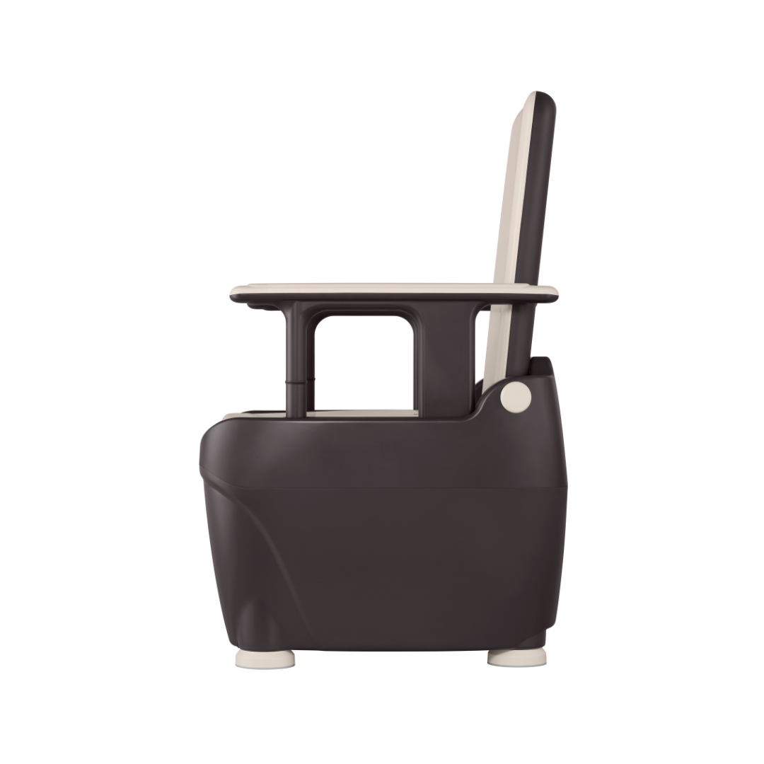 Side view of the modern Wrappon® ORB Portable Commode Toilet with auto waste sealing, high backrest, and large armrests for comfort and accessibility, set against a plain white background.