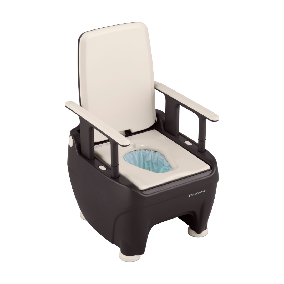 The Wrappon® ORB is a black portable commode toilet with a white seat and backrest, padded seat, raised armrests, removable waste container with blue disposable bag, and is compatible with Wrappon Thermo-Compression Sealing Toilet systems.