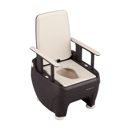 The Wrappon® ORB Portable Commode Toilet features a thermo-compression auto waste sealing design, high backrest, armrests, and an open beige seat and backrest for comfort and style. Comes in black for modern appeal.