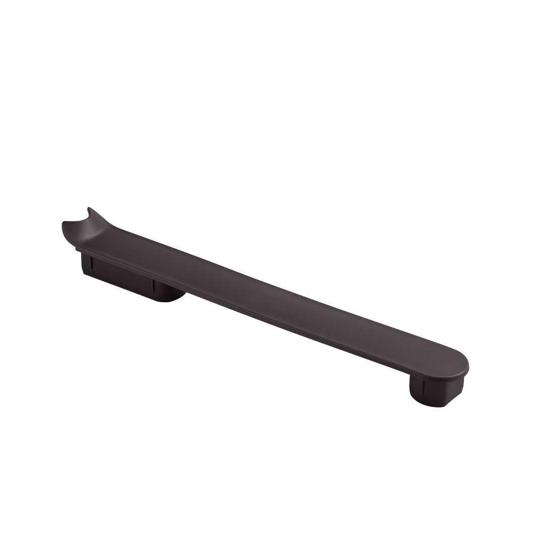 A long, dark gray plastic tool for the Wrappon® ORB Portable Commode Toilet with Auto Waste Sealing, featuring a curved notch at one end and two raised, rounded supports underneath, shown on a white background.
