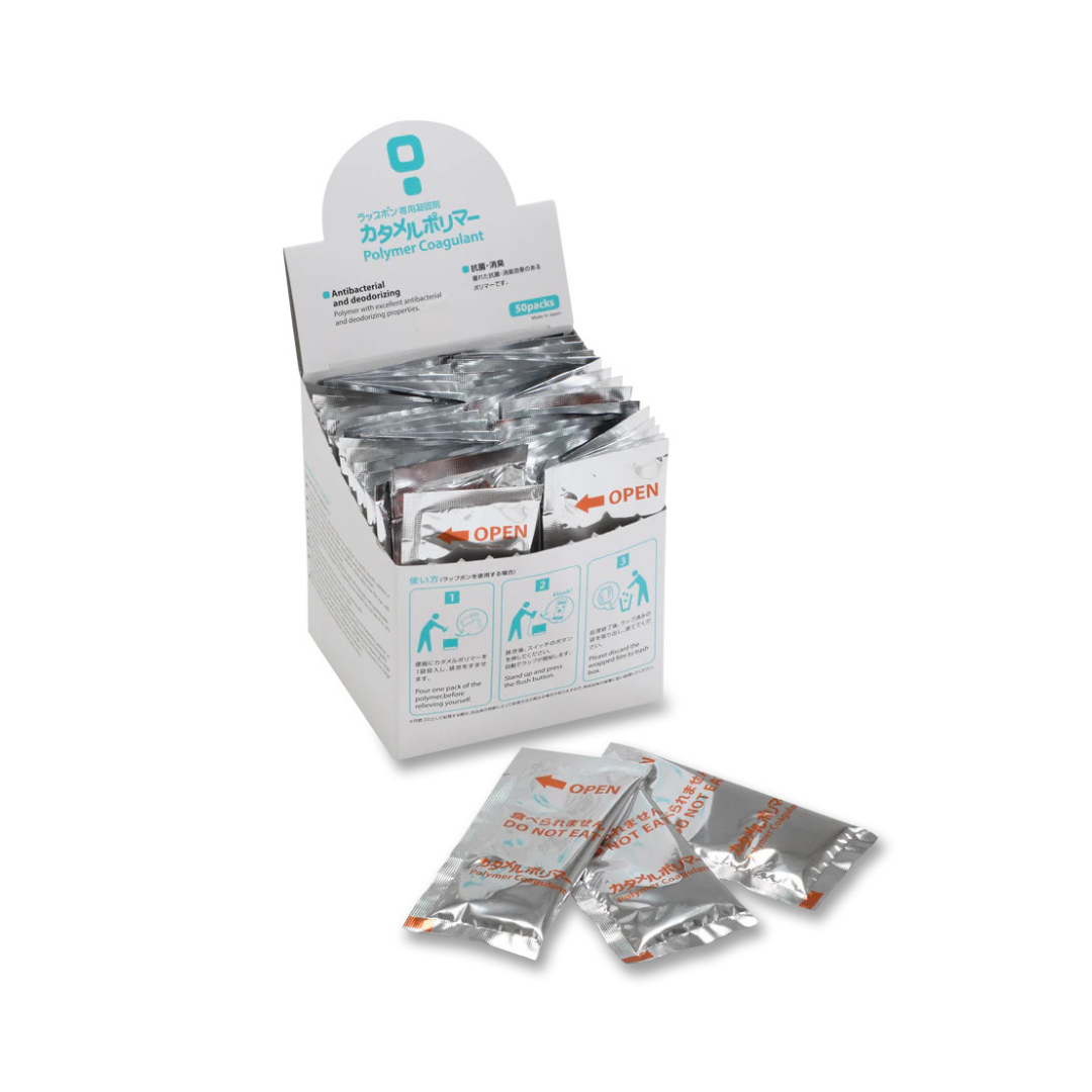 A box of Powder Coagulant 50 Count for Wrappon Orb Toilet, each packet individually wrapped in silver foil and labeled OPEN. The box has sanitation support instructions with Japanese text, ideal for portable toilet use. Three packets are shown in front.