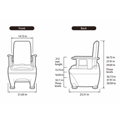 Line drawing of the Wrappon® ORB Portable Commode Toilet with auto waste sealing, shown front and back with technical measurements: seat heights of 15.75", 16.93", and 18.11"; total heights at 36.73", 37.91", and 39.09".