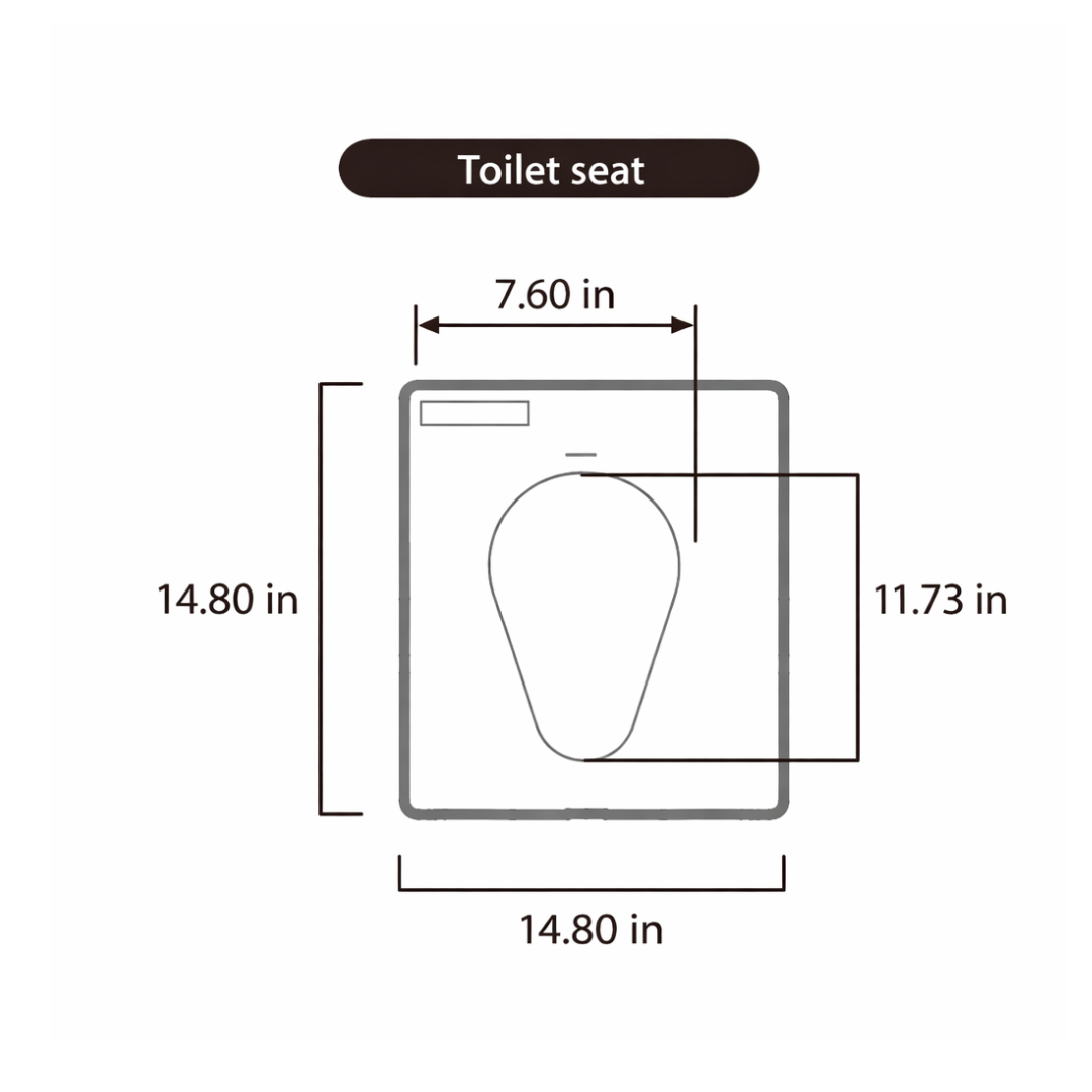 Diagram of the Wrappon® ORB Portable Commode Toilet with Auto Waste Sealing, showing seat cover dispenser dimensions: 14.80" wide, 14.80" tall, a 7.60" slot, and an 11.73" opening; labeled Thermo-Compression Sealing Toilet Seat.