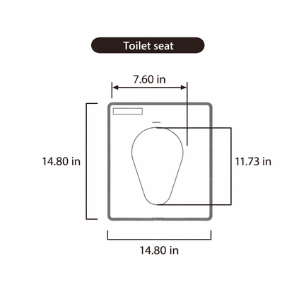 Diagram of the Wrappon® ORB Portable Commode Toilet with Auto Waste Sealing, showing seat cover dispenser dimensions: 14.80" wide, 14.80" tall, a 7.60" slot, and an 11.73" opening; labeled Thermo-Compression Sealing Toilet Seat.