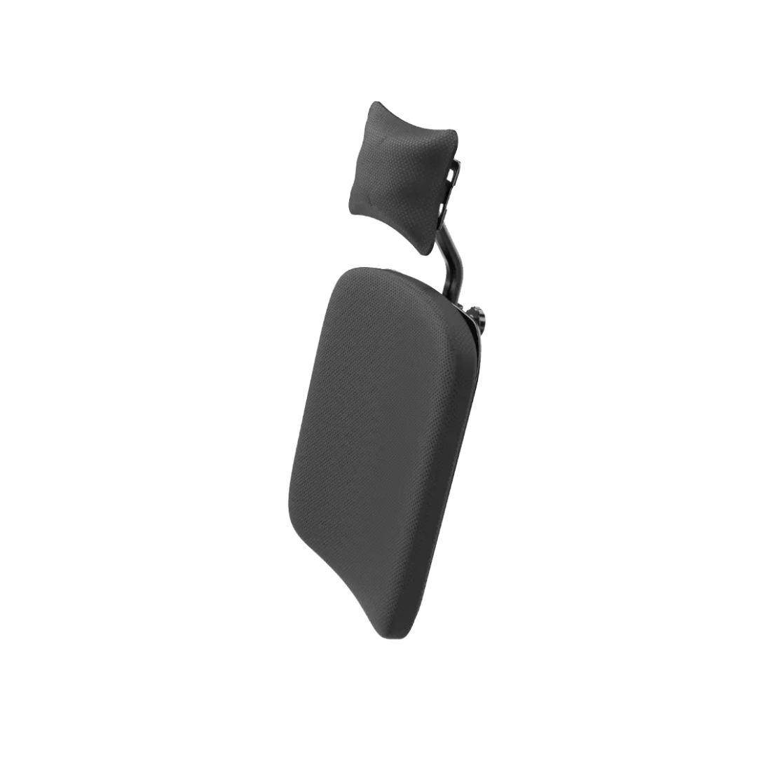 The XSTO Higher Backrest with Headrest for M4 Powerchair features a black ergonomic contoured cushion and adjustable padded support, offering enhanced comfort or a higher backrest for users.