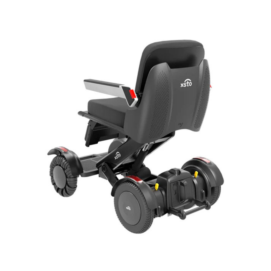 Rear view of the XSTO M4 Mobility Robot Powerchair, a compact, travel-ready chair in black and gray with sturdy wheels and armrests—perfect as a lightweight, foldable wheelchair for convenient use on the go.
