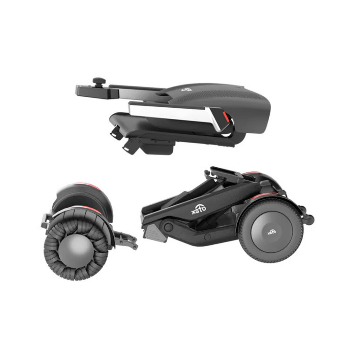 Three views of the XSTO M4 Mobility Robot Powerchair in black and gray, showing its side, top, and rear profiles. This lightweight, foldable wheelchair is travel-ready and features a modern design for easy portability.